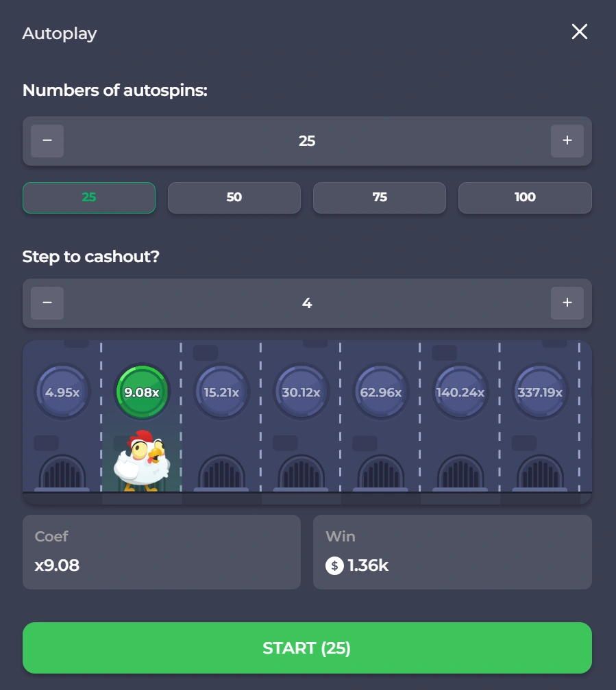 Interface automatique du jeu Chicken Road avec réglages d’autoplay et grille de barbecue