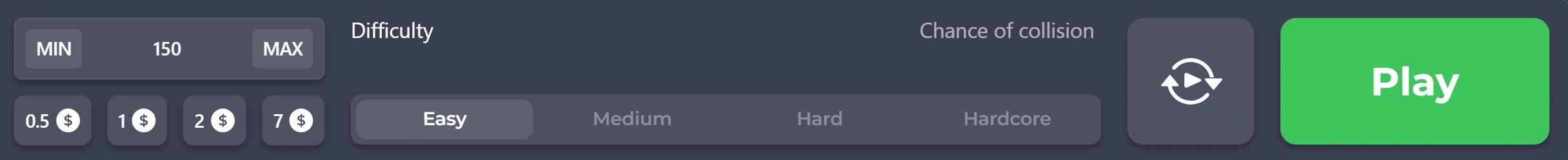 Barre de mise Chicken Road avec options de mise rapide et bouton Play