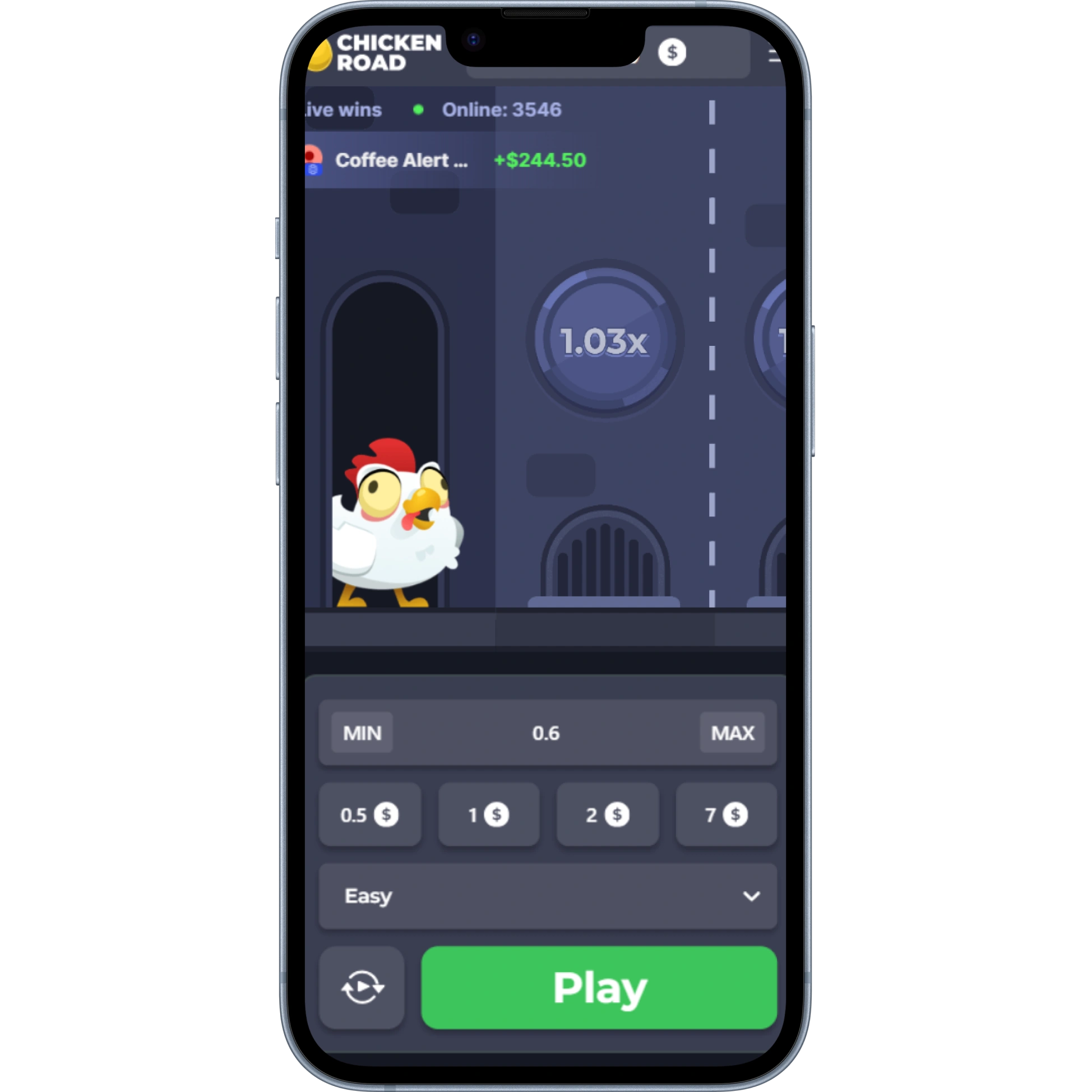 Version mobile de Chicken Road affichée sur smartphone avec interface complète